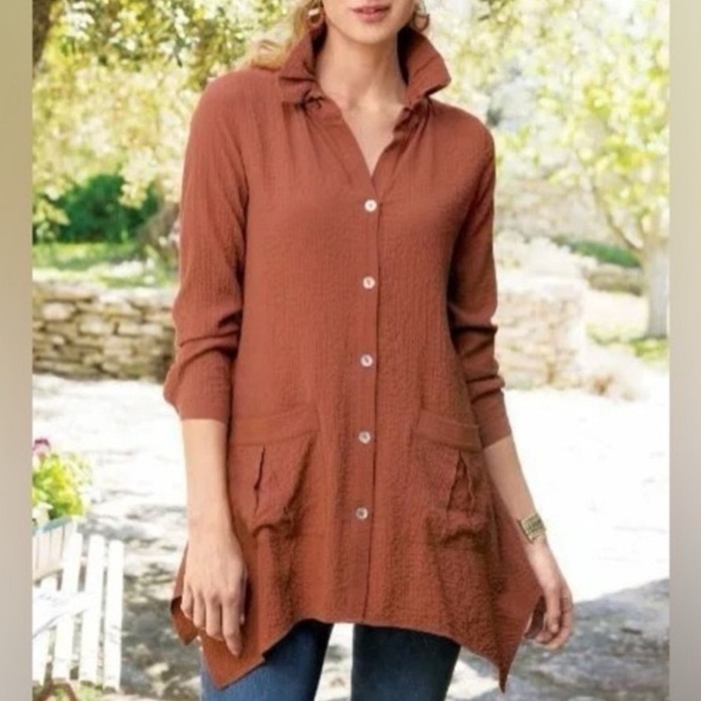 Soft Surroundings Terracotta Crinkled Gauze Ruched Neck‎ Plein Air Shirt